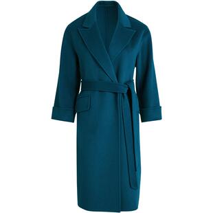 LANDI蓝地孔雀蓝羊毛羊绒真丝混纺系带中长款毛呢大衣女冬新品