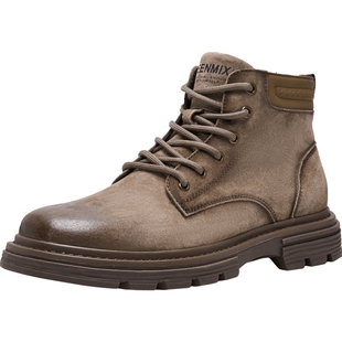 天美意工装靴户外复古男皮短靴厚底增高男士加绒马丁靴冬3YP01DD4