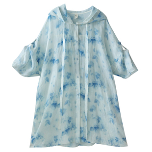 现货【一日闲适】复古长款防晒开衫女夏牛仔裤子外搭连帽印花外套