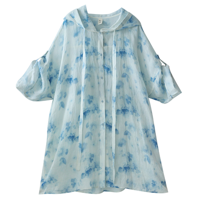 夏季印花连帽长衫女搭配牛仔裤子