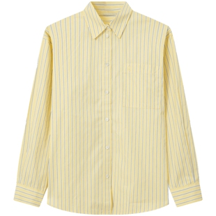 【新品】BEANPOLE滨波 春夏女士纯棉黄色休闲风条纹府绸长袖衬衫