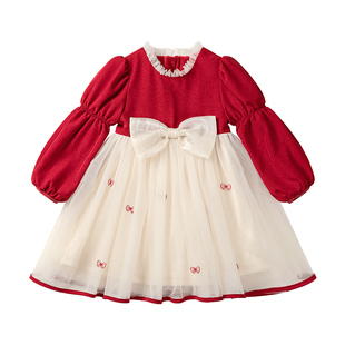 斯纳菲女童连衣裙2026春装新款儿童公主裙新年洋气红色拜年小礼服