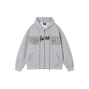 FORNINES假两件重磅开衫刺绣连帽卫衣男女潮牌春秋季美式外套上衣