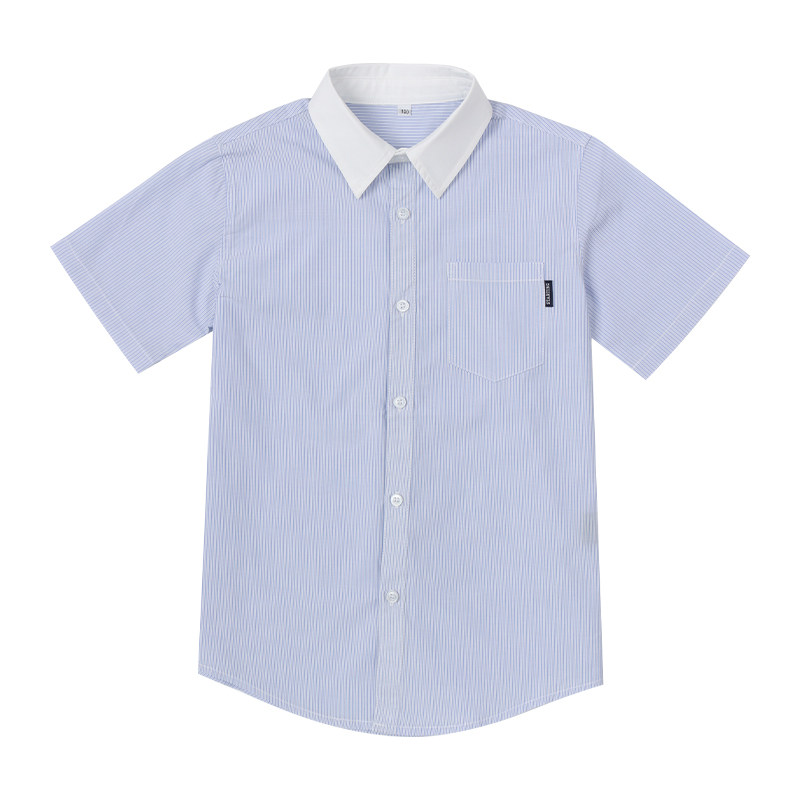儿童白蓝细间衬衫短袖校服