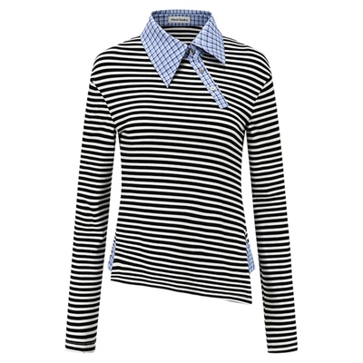 侯佩岑同款-Alexia Sandra2025春夏新款条纹解构撞格领修身长袖