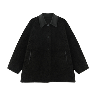 【苍苓】时髦真皮翻领拼接厚密100绵羊毛一体中长款毛毛外套-5325