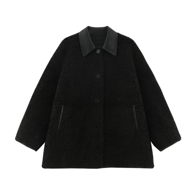 翻领拼接羊毛一体毛毛外套