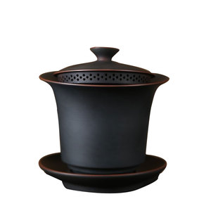 复古紫陶防烫三才盖碗大号泡茶碗手工全孔过滤免茶漏家用功夫茶具