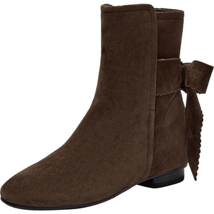 真美诗Miss Joy2025冬新款柔软羊皮复古甜美蝴蝶结时装靴短靴子女