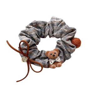 女童宝宝韩系可爱小熊格纹大肠发圈新款儿童高马尾扎头发绳小皮筋