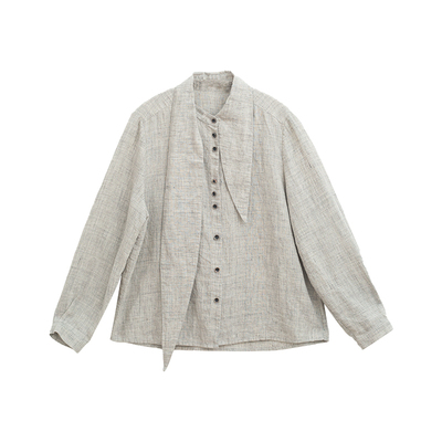 忘城文艺百搭全亚麻飘带领衬衫