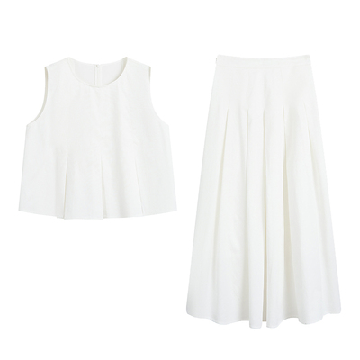 紫涵白色圆领无袖背心+高腰百褶长裙淡人上下两件套装女夏季新款