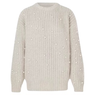 狙击蝴蝶陈妍希岑矜同款圆领珍珠毛衣女秋冬新款宽松慵懒风针织衫