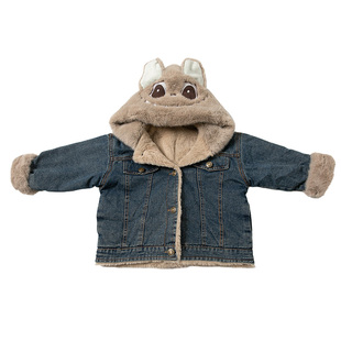 女童牛仔连帽外套秋冬2025新款卡通加绒儿童上衣洋气时髦宝宝冬装