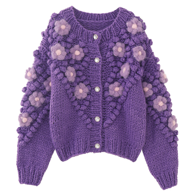 蔻后圆领慵懒风针织手工开衫