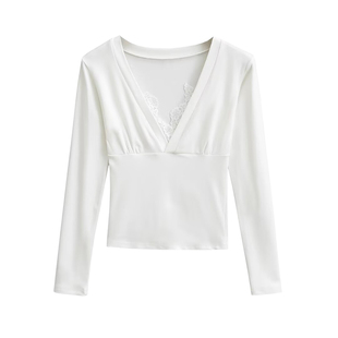 YoungGirlDay纯欲辣妹性感深V领蕾丝拼接修身显瘦长袖打底T恤上衣