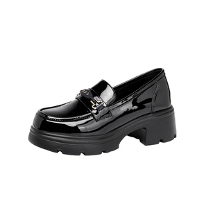 依思q漆皮乐福鞋女厚底小个子增高黑色亮面英伦风百搭松糕小皮鞋