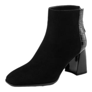 【星期六】羊反绒百搭时装鞋25年秋冬商务通勤圆头短筒靴高跟女鞋