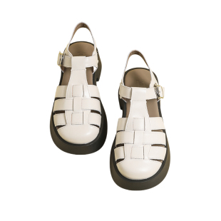 真皮厚底罗马凉鞋女夏2026新款法式复古包头镂空编织猪笼粗跟增高