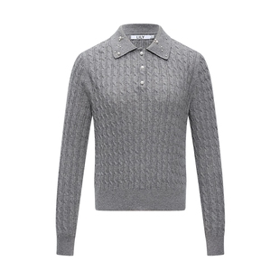 LILY2026春秋新款女装含羊毛polo翻领气质通勤条纹长袖针织衫毛衣