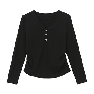 春秋洋气v领长袖t恤女2026新款爆款女装修身短款可外穿打底衫上衣