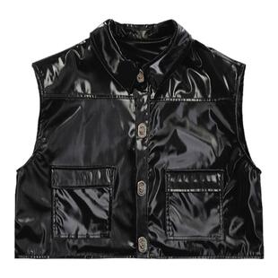 春秋ins复古痞帅PU亮皮马甲男韩版短金属扣设计感坎肩外套发型师