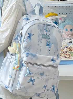 书包初中女生高颜值ins小众蓝色古风蝴蝶国风高中生女双肩包肩包