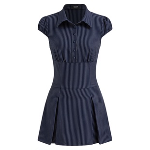 【明星同款】CIDER翻领条纹百褶短袖衬衫式连衣裙114514869