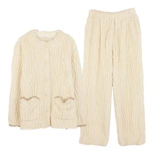 朵朵可可家居服睡衣女2025新款春秋季加厚双面提花绒系扣围脖套装