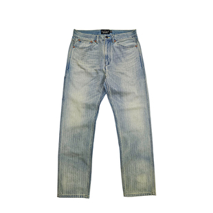 西里布美式复古浅蓝色直筒条纹牛仔裤男水洗拔染做旧修身休闲长裤