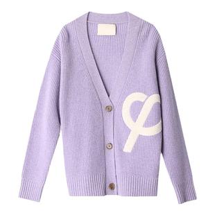 PHISM宽松毛衣开衫女慵懒风V领学院风复古休闲针织外套设计感外搭