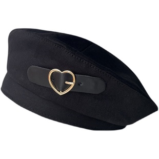 甜酷黑色贝雷帽女韩国日系金属蓓蕾画家帽春秋款休闲百搭八角帽子