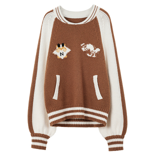 NancyCavally专柜款超柔糯感荃羊毛 童趣感天鹅提花棒球针织毛衣