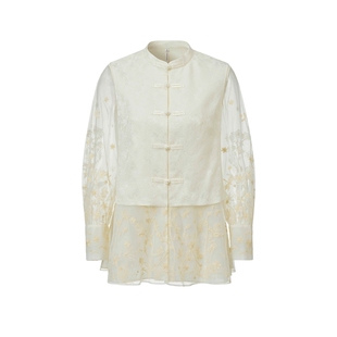 VGRASS维格娜丝夏季新款假两件重工网纱刺绣新中式立领盘扣衬衫女