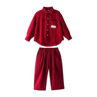 儿童街舞服春秋男童嘻哈表演服酒红衬衣女童露脐爵士演出服架子鼓