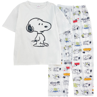 纯棉布料100全棉韩国ins睡衣女夏季短袖长裤套装卡通史努比家居服