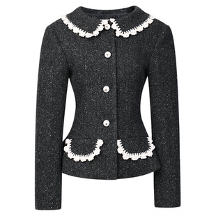 ORA GENESIS 2025秋季新品手钩花边羊毛粗纺花盆领外套