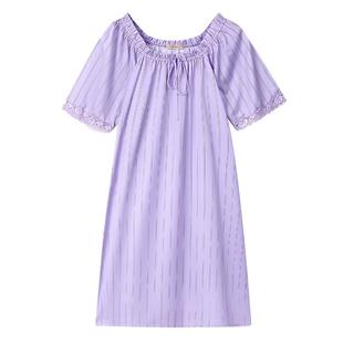 秋鹿竖条纹冰丝睡裙女2025年新款短袖仿真丝睡衣女裙薄款短裙夏款