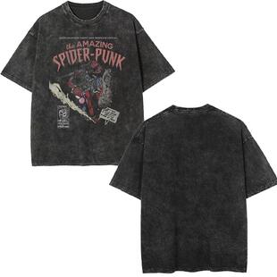 Spider-Man蜘蛛侠卡通动漫联名美式街头水洗做旧短袖T恤男t-shirt