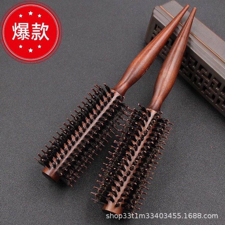 工厂直供实木猪鬃毛卷发梳理发店专用内扣吹直发滚梳大波浪圆筒梳
