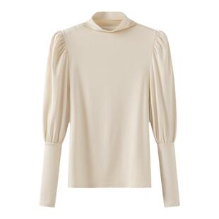 拉夏贝尔/La Chapelle秋季新款泡泡袖T恤女半高领长袖打底衫上衣