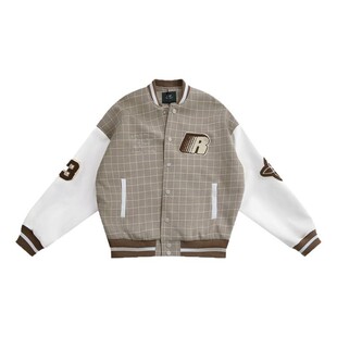 FDR官方店 千鸟格拼接棒球服外套女2025新款秋冬季宽松情侣夹克男