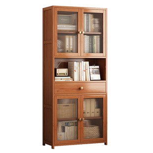 实木书架简易家用小型卧室靠墙置物架多层收纳架落地带门防尘书柜