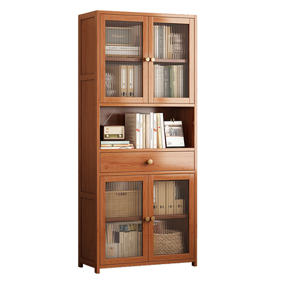 实木书架简易家用小型卧室靠墙置物架多层收纳架落地带门防尘书柜