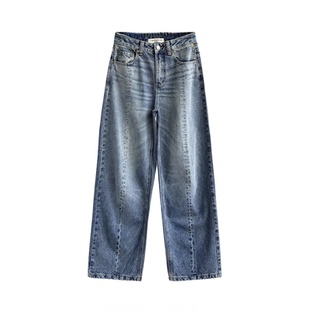 12平方蓝色个性拼接高腰弯刀牛仔裤女2026新氛围感百搭显瘦阔腿裤