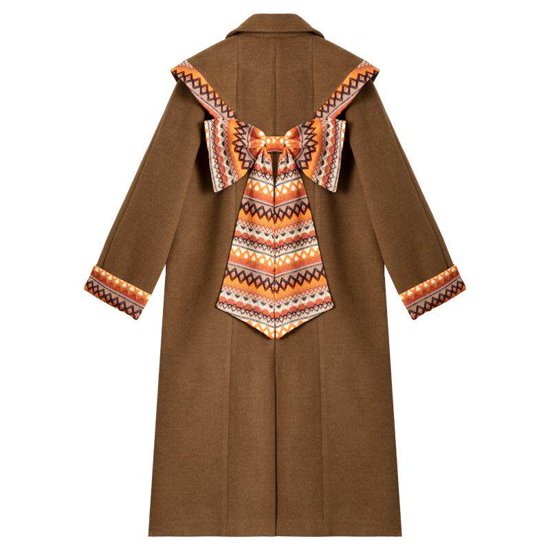 KEIKO 廓形云肩长款毛呢大衣女秋冬老钱风蝴蝶结飘带显瘦呢子外套