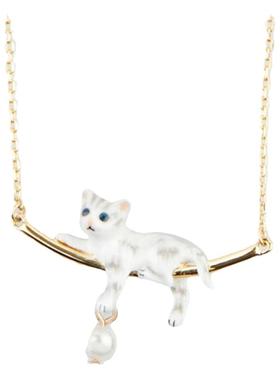 18K镀金高档手绘珐琅彩釉可爱俏皮小猫咪甜美珍珠吊坠项链锁骨链