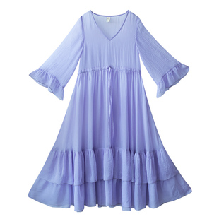 7折【紫藤花语】深V领紫色连衣裙女夏季收腰九分袖荷叶边裙套装