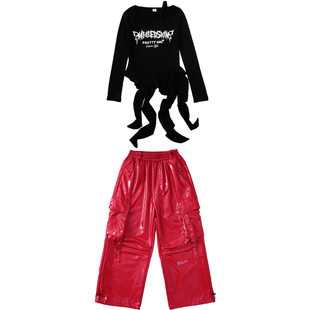 女童爵士舞演出服时髦女孩长袖套装JAZZ儿童亮面皮裤黑色红色洋气