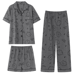 高级感自嘲熊睡衣女款夏季三件套短袖长裤纯棉春夏家居服韩版宽松